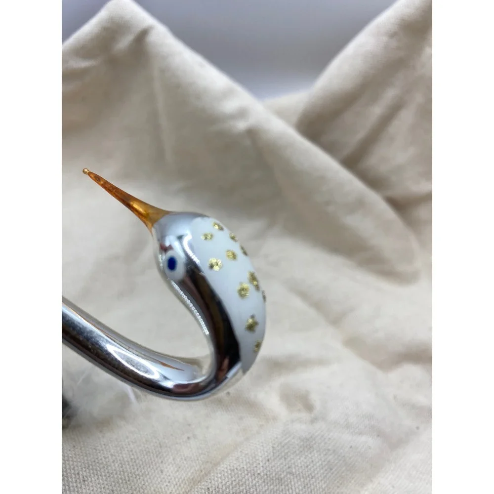 Vintage Glass Swan Ornament‎ White Gold Glitter Clip On Feather Tail Christmas